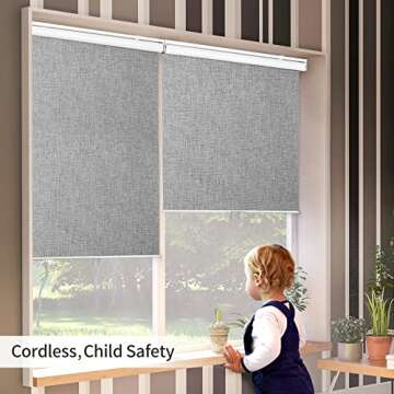 GENIMO 100% Blackout Roller Window Shades, Window Blinds Cordless with Thermal Insulated, UV Protection Fabric, Mini French Door Blinds for Home, Office, Bedroom, Easy to Install, Grey, 20" W X 75" H