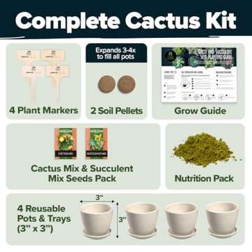 HOME GROWN Succulent & Cactus Seed Kit for Planting – [Enthusiasts Favorites] Premium Cactus & Succulent Starter Kit: 4 Planters, Drip Trays, Markers, Seeds Mix, Soil - DIY Gift Kits