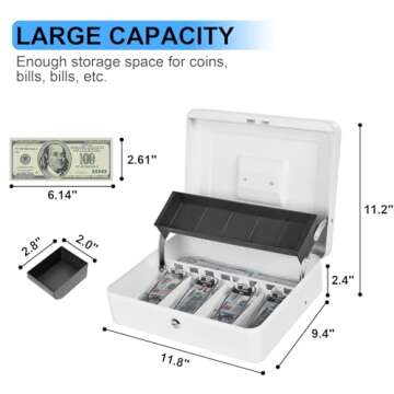 Sgorlds Cash Box Key Lock on Side, Cash Box with Money Tray & Key Lock 4 Bill 5 Coin Slots,Large Safe Lock Box with Key,Metal Money Saving Organizer for Security 11.8L x 9.5W x 3.5H Inches, White