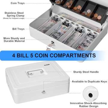 Sgorlds Cash Box Key Lock on Side, Cash Box with Money Tray & Key Lock 4 Bill 5 Coin Slots,Large Safe Lock Box with Key,Metal Money Saving Organizer for Security 11.8L x 9.5W x 3.5H Inches, White