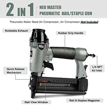 NEU MASTER Pneumatic Brad Nailer, 2 in 1 Nail Gun Staple Gun Fires 18 Gauge 2 Inch Brad Nails and Crown 1-5/8 inch Staples with Carrying Case and Safety Glasses