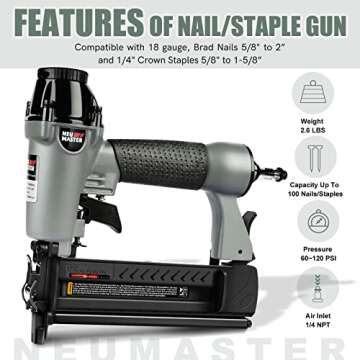 NEU MASTER Pneumatic Brad Nailer, 2 in 1 Nail Gun Staple Gun Fires 18 Gauge 2 Inch Brad Nails and Crown 1-5/8 inch Staples with Carrying Case and Safety Glasses