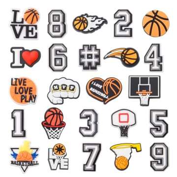 JINHCHIF Basketball Shoe Charms, Basketball Sports & Numbers Shoe Decoration Charms Accessories, Gifts for basketball lovers Kids Teens Boys Party Favors (Basketball)