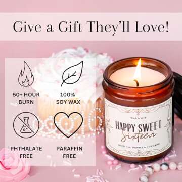 Sweet 16 Gifts for Girls, Sweet 16 Birthday Candle, Birthday Gifts for Her, Sweet Sixteen Gifts for Girls, 16 Candles for Sweet 16 – Sweet 16 Candle Scented with Vanilla Cupcake – 9oz, 50Hr Burn