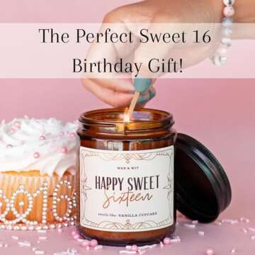 Sweet 16 Gifts for Girls, Sweet 16 Birthday Candle, Birthday Gifts for Her, Sweet Sixteen Gifts for Girls, 16 Candles for Sweet 16 – Sweet 16 Candle Scented with Vanilla Cupcake – 9oz, 50Hr Burn