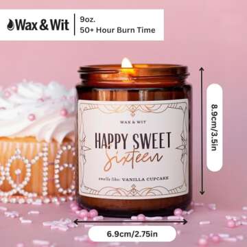 Sweet 16 Gifts for Girls, Sweet 16 Birthday Candle, Birthday Gifts for Her, Sweet Sixteen Gifts for Girls, 16 Candles for Sweet 16 – Sweet 16 Candle Scented with Vanilla Cupcake – 9oz, 50Hr Burn