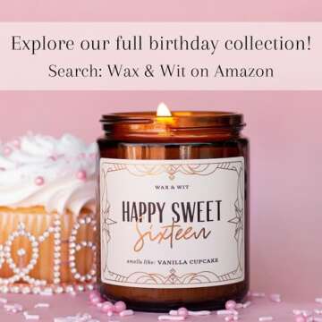 Sweet 16 Gifts for Girls, Sweet 16 Birthday Candle, Birthday Gifts for Her, Sweet Sixteen Gifts for Girls, 16 Candles for Sweet 16 – Sweet 16 Candle Scented with Vanilla Cupcake – 9oz, 50Hr Burn