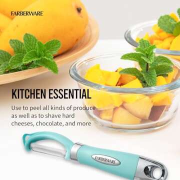 Farberware Euro Peeler, a Kitchen Essential for Quick and Easy Peeling of Produce, Chocolate, Cheeses and More, Features Hang-Hole for Easy Storage, Dishwasher Safe, Aqua Sky