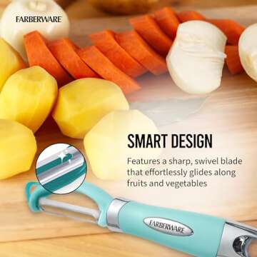 Farberware Euro Peeler, a Kitchen Essential for Quick and Easy Peeling of Produce, Chocolate, Cheeses and More, Features Hang-Hole for Easy Storage, Dishwasher Safe, Aqua Sky