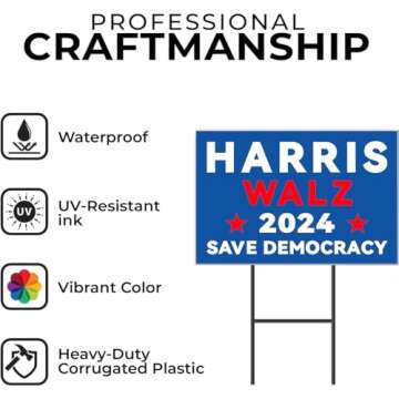 Harris Walz 2024 Yard Sign Kamala Harris Tim Waltz 2024 Sign with Metal H-Stake Harris For President Save democracy Lawn Sign 18" x 12"Double Sided