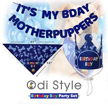 Odi Style Dog Birthday Party Supplies - Dog Birthday Bandana Set - Birthday Boy Bandana for Small Dogs, Puppy, Party Hat, Crown and Cute Dog Birthday Banner with It's My Birthday Mother Puppers Sign