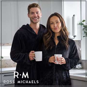 Ross Michaels Mens Robe Hooded Wrap Style - Mid Length Plush Fleece Bathrobe (Black, Large/X-Large)