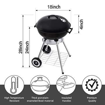 18 Inch Portable Charcoal Grill with 4 Legs and Wheels for Outdoor Cooking Barbecue Camping BBQ Coal Kettle Grill - Heavy Duty Round with Thickened Grilling Bowl for Small Patio Backyard