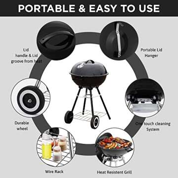 18 Inch Portable Charcoal Grill with 4 Legs and Wheels for Outdoor Cooking Barbecue Camping BBQ Coal Kettle Grill - Heavy Duty Round with Thickened Grilling Bowl for Small Patio Backyard