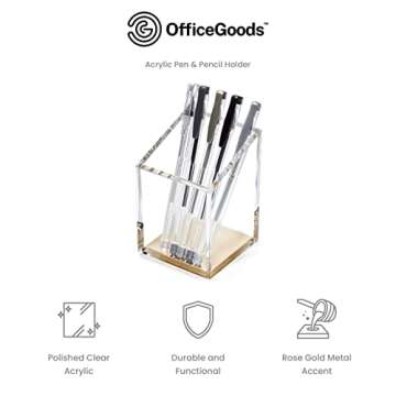 OfficeGoods Acrylic Pen & Pencil Holder - Modern Trapezoid Design - Beautiful Desk Organizer for Home or Office - Contrasting Metal Base - 3" Square w/ 3.5" Front & 4.5" Back - Gold