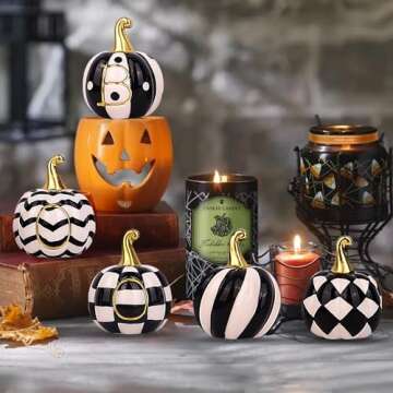 Hipgroo Set of 6 Halloween Pumpkin Decor - Black White and Gold Pumpkins Artificial Pumpkins, Halloween Decorations Indoor Pumpkins,Farmhouse Tiered Tray Decor for Spooky Halloween