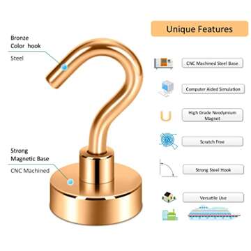 Neosmuk Magnetic Hooks,30lb+ Heavy Duty Earth Magnets with Hook for Refrigerator, Extra Strong Cruise Hook for Hanging, Magnetic Hanger for Cabins, Grill (Bronze, 10 Pack)