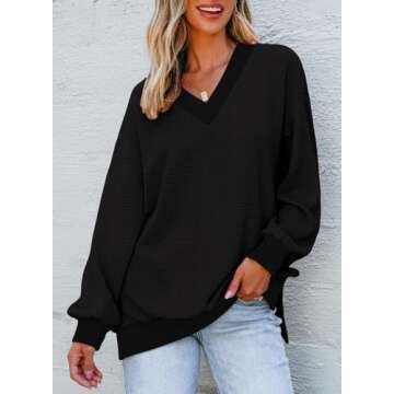 Dokotoo Womens Tops Fall Fashion Outfits for Women 2024 V Neck Waffle Knit Tops Oversized Sweaters Long Sleeve Shirts for Women Pullover Sweater Dressy Casual Blouses Loose Fit Tunic Tops Black S