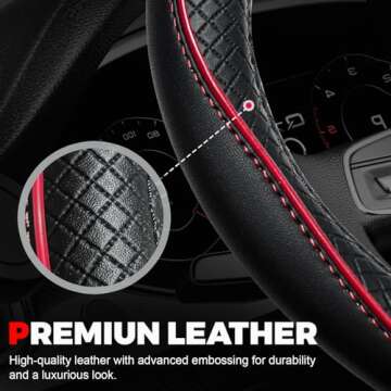 Ouzorp Car Steering Wheel Cover, Microfiber Leather Steering Wheel Covers with Anti-Slip Lining, Universal 14.5-15 inchs Black with Red line