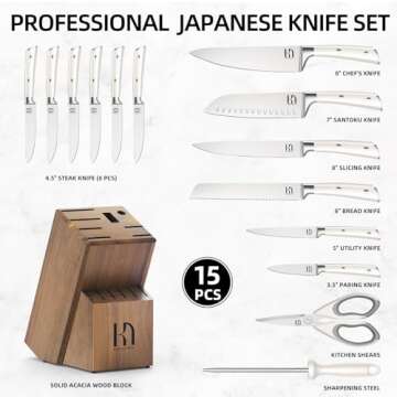 KnifeSaga Knife Set, Premium 15 Piece Japanese High Carbon Stainless Steel Knives Set for Kitchen with Block and Sharpener, Razor Sharp Kitchen Knife Block Sets with Ergonomic Full-tang Handle, White