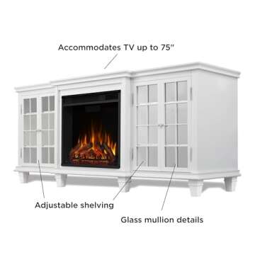 Real Flame Marlowe 70” Electric Fireplace TV Stand for TVs up to 70 inches, Entertainment Center with Adjustable Shelves and Storage, TV Stand for Living Room and Bedroom, Remote Control, White