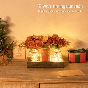 Mkono Mason Jar Lights Centerpiece Table Decorations for Dining Room Farmhouse Coffee Table Decor Tray with 3 Jars Flowers Christmas Centerpieces Fall Decor for Kitchen Living Dining Room, Orange