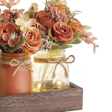 Mkono Mason Jar Lights Centerpiece Table Decorations for Dining Room Farmhouse Coffee Table Decor Tray with 3 Jars Flowers Christmas Centerpieces Fall Decor for Kitchen Living Dining Room, Orange