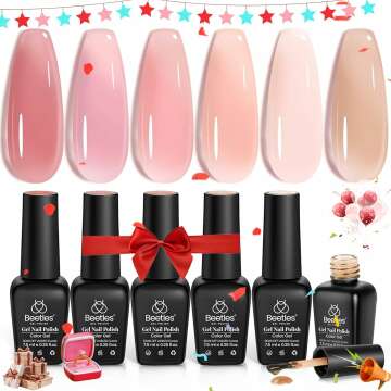 Beetles Gel Nail Polish Set, 6 Colors Jelly Gel Polish Nude Pink Gel Neutral Nail Art Design Translucent Gel Nail Kits Soak Off Uv Nail Lamp Cured Nail Manicure DIY Home for Women