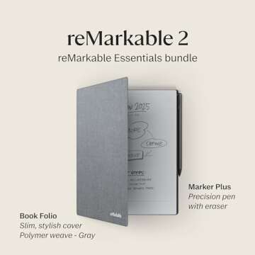 reMarkable 2 Bundle - Polymer Weave Folio | 10.3'' reMarkable 2 Paper Tablet, Marker Plus Pen with Built-in Eraser and Book Folio Case in Gray Polymer Weave