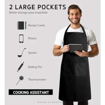 Syntus 2 Pack Adjustable Bib Apron Waterdrop Resistant with 2 Pockets Cooking Kitchen Aprons for Women Men Chef, Black