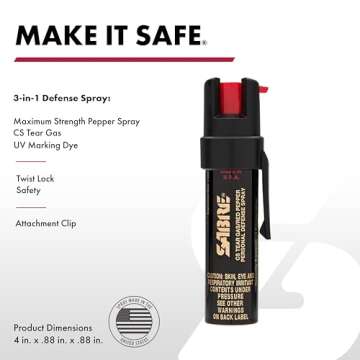 SABRE Advanced Pepper Spray for Self Defense, 3-in-1 Formula with Maximum Strength Pepper Spray, CS Military Tear Gas, UV Marking Dye, Fast Access Easy Carry Belt Clip, 35 Bursts, 0.67 fl oz