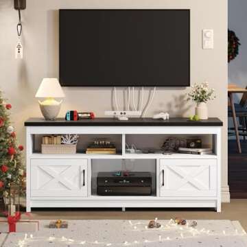 YITAHOME Farmhouse TV Stand for 65 Inch Television Stand, Entertainment Center with Power Outlets and Open Shelf, Rustic Media Console TV Cabinet for Living Room, White/Black