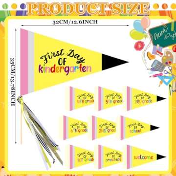 Gilprop 10 Pcs First Day of School Flag DIY 2025 Back to School Pennant First Day of Preschool Sign with Ribbons Make Your Own Photo Prop for School Classroom Decoration, Yellow