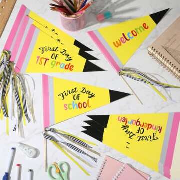 Gilprop 10 Pcs First Day of School Flag DIY 2025 Back to School Pennant First Day of Preschool Sign with Ribbons Make Your Own Photo Prop for School Classroom Decoration, Yellow