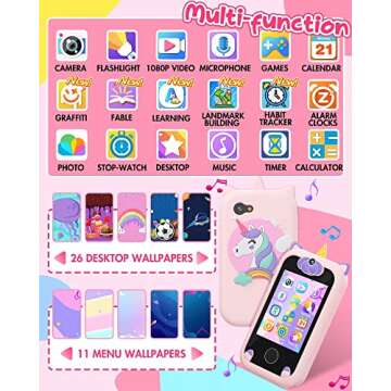 Kids Smart Phone for Girls Unicorns Gifts for Girls Toys 8-10 Years Old Phone Touchscreen Learning Toy Christmas Birthday Gifts for 3 4 5 6 7 8 9 Year Old Girls with 8G Memory Card