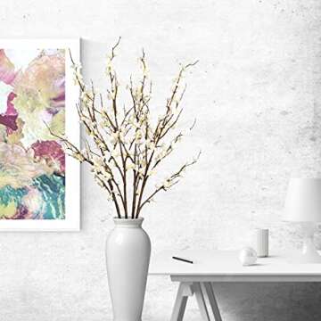 Ammyoo 4Pcs Cherry Blossom Branches Artificial Flowers for Spring Summer Indoor Decoration,Faux Long Stem Artificial Flowers for Wedding Home Office Bedroom Party Table Centerpieces Decor(White)