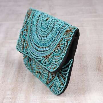 NOVICA Artisan Handmade Embellished Clutch Turquoise Beaded Sequined Silk Evening from India Handbags Blue Clutches Patterned ' Turquoise Glamour'