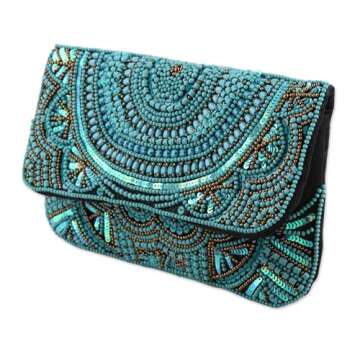 NOVICA Artisan Handmade Embellished Clutch Turquoise Beaded Sequined Silk Evening from India Handbags Blue Clutches Patterned ' Turquoise Glamour'