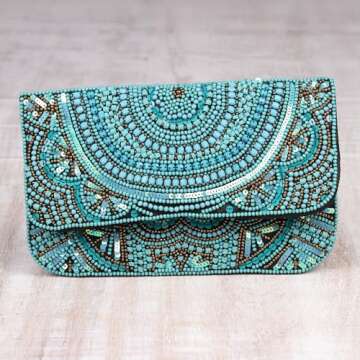 NOVICA Artisan Handmade Embellished Clutch Turquoise Beaded Sequined Silk Evening from India Handbags Blue Clutches Patterned ' Turquoise Glamour'