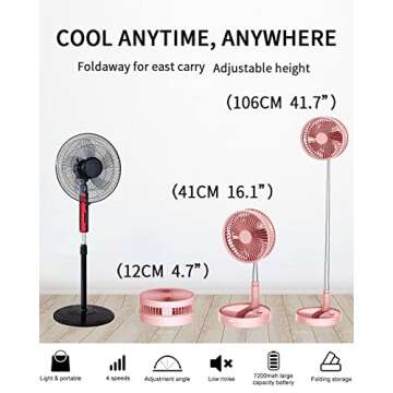 UN UNITEDTIME Desk and table fan, foldable Fan Portable Travel Fans Battery Operated,Adjustable Height My Foldaway fan with remote Control Timer, 4 Speed Settings (Pink)