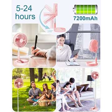 UN UNITEDTIME Desk and table fan, foldable Fan Portable Travel Fans Battery Operated,Adjustable Height My Foldaway fan with remote Control Timer, 4 Speed Settings (Pink)