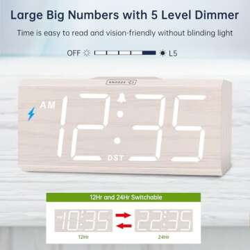 DreamSky Wooden Digital Alarm Clock with Wireless Charging for Bedroom, Bedside Nightstand Clock with Charger Station, USB Port, Large Numbers, Adjustable Volume, Brightness Dimmer, DST