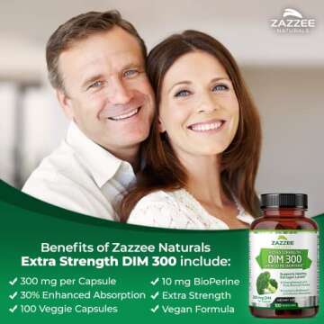 Zazzee DIM 300 mg Per Capsule, 100 Count, Plus 10 mg BioPerine, Estrogen Balance, Hormonal Acne, Menopause Support, Hormonal Balance, Diindolylmethane, Vegan, All-Natural, Non-GMO, Made in The USA