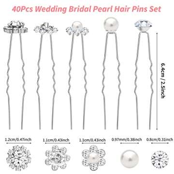 40 Pack Wedding Pearl Hair Pins for Bridal, Silver Pearl Rhinestone Hair Pins Wedding Hair Decorations Accessories for Brides Bridesmaids Women Girls