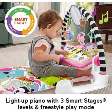 Fisher-Price Baby Playmat Glow and Grow Kick & Play Piano Gym, Pink Musical Learning Toy with Developmental Activities for Newborns 0+ Months