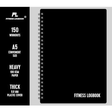 Fitness Logbook (Black) - A5 Undated Workout Journal For Men & Women - Plastic Cover & Thick Paper - Planner Log Book To Track Weight Loss, Muscle Gain, Gym Exercise, Bodybuilding Progress