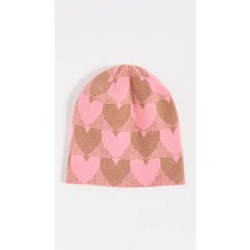 Kerri Rosenthal Women's Heart in Check Beanie, Rootbeer, Tan, Pink, Print, One Size