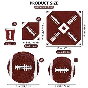 durony 64 Pack Football Party Plates Napkins Cups Set Football Party Supplies Kit Includes Dinner Plates Dessert Plates Napkins and Cups for Football Birthday Party and Super Bowl Game Day Decorations