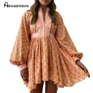 Aox Women Button Down Shift Swing Dress Ruffle Sleeve Tunic Midi Sundress Pockets Mini Skirt with Waist Strap (Small, Orange 202215)