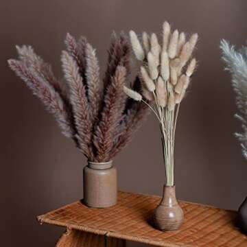 PNT CONCEPT Total 90 Pcs, 17" Set | 30 Pcs White Pampas and Natural Dried Pampas Grass,60 Pcs Natural Rabbit Tail Grass, Perfect for Home Decor, Boho Decor and Wedding Flower Arrangements